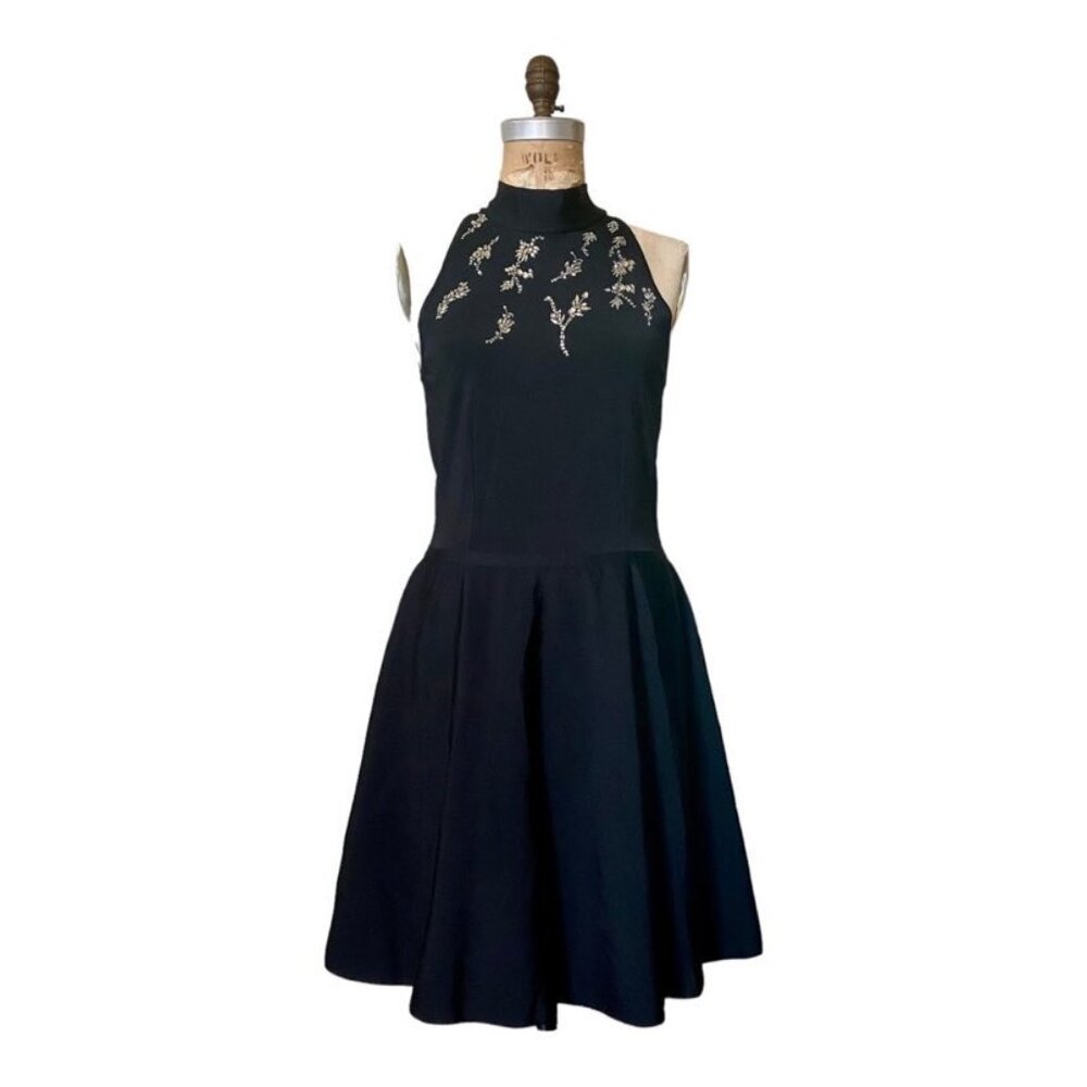 Givenchy Paris Black Cocktail Dress Crystal Rhinestone Floral Embellishm…
